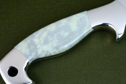 "Arctica" reverse side gemstone handle detail, 3.5 power enlargement. Gray-green jasper has flecks of micaceous hematite 