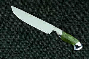 "Opere" Custom Knife, obverse side knife view in T4 cryogenically treated CPM 154CM powder metal stainless steel blade, 304 stainless steel bolsters, Nephrite Jade gemstone handle, hand-carved leather sheath inlaid with green rayskin