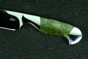"Opere" Custom Knife, obverse side maker's mark view in T4 cryogenically treated CPM 154CM powder metal stainless steel blade, 304 stainless steel bolsters, Nephrite Jade gemstone handle, hand-carved leather sheath inlaid with green rayskin
