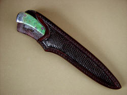 "Shaula" sheathed view. Sheath is deep and protective, wih full lizard skin panels, sealed and buffed. 