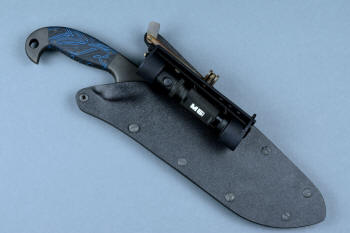 "Utamu" Custom Crossover, Survival, Tactial knife, mounted HULA accessory view in T4 cryogenically treated CPM 154CM powder metal high molybdenum martensitic stainless steel blade, 304 stainless steel bolsters, blue/black G10 compos000ite handle, positively locking sheath of kydex, anodized aluminum, black oxide stainless steel, anodized titanium